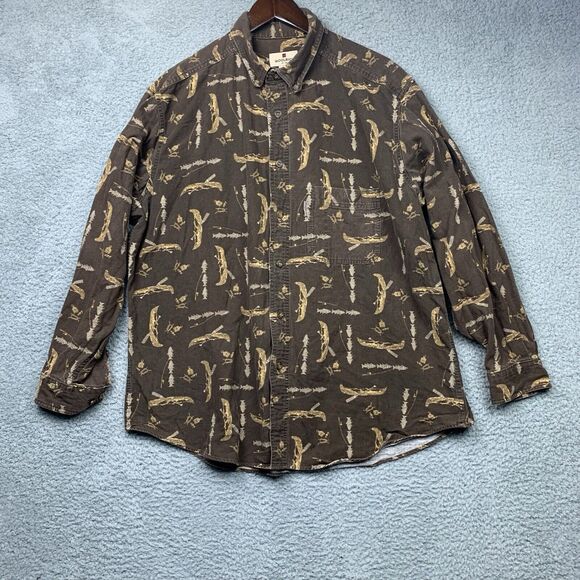 Woolrich Shirt Mens XL Brown Flannel Dark Wood Canoe All Over Print Outdoors - Picture 1 of 10